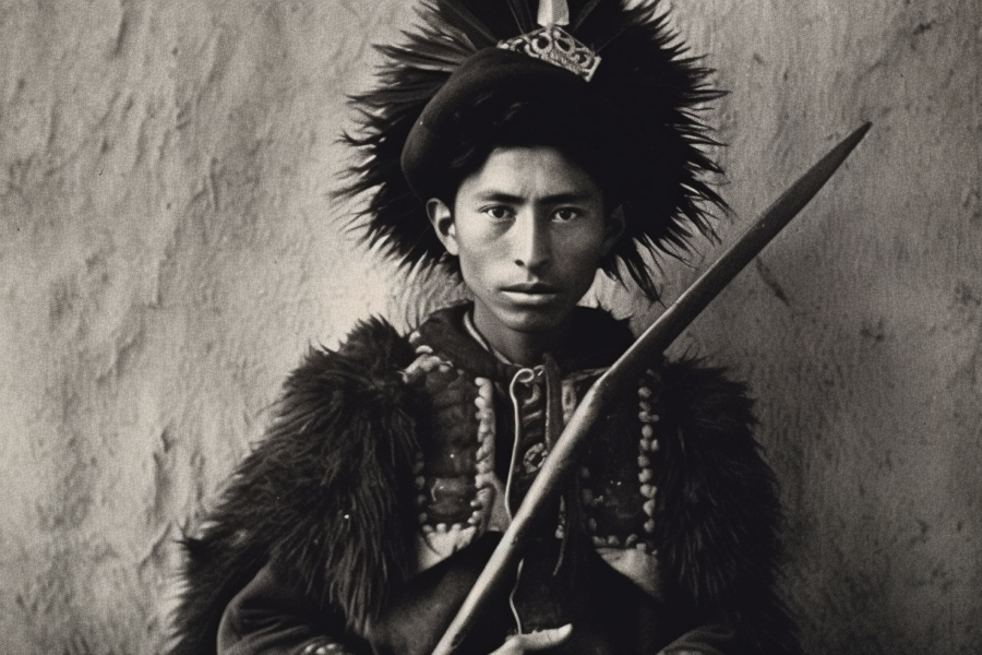 The image is a black and white photo depicting a Native American man wearing a traditional costume. He is adorned with a feathered hat and is holding a sword in his hand. The man appears to be of around 32 years old, with a masculine gender. The background is not visible in the image. The man''s attire is detailed and intricate, showcasing his cultural heritage. The feathered headdress and sword add to the authenticity of his costume. The image evokes a sense of strength and pride in Native American culture.