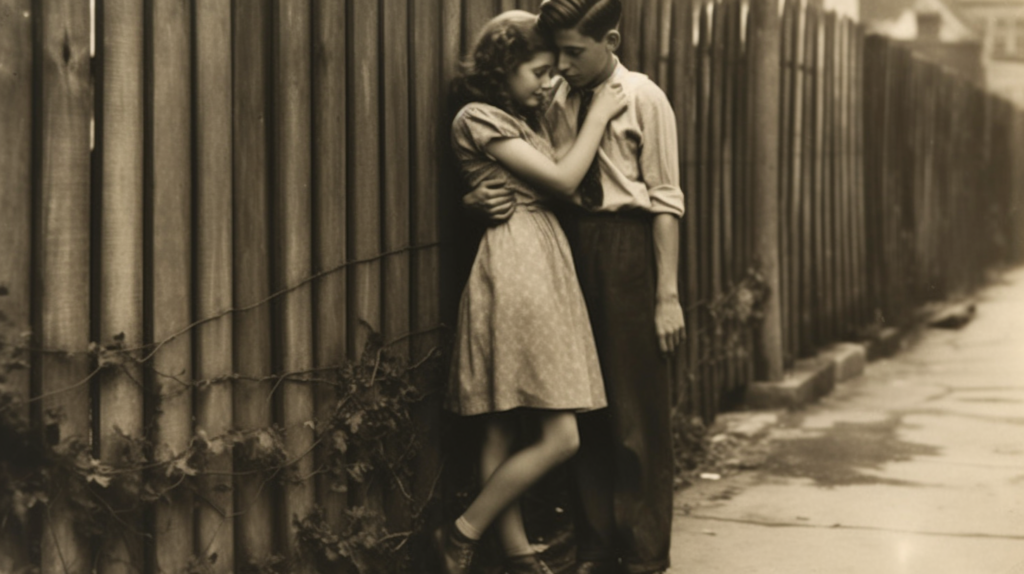 A sepia photograph captures a young couple standing next to a fence, embracing each other in a tender moment. The image is black and white, highlighting the couple''s love as they share a kiss. The woman is wearing a dress and the man is in a suit. The woman''s feet are visible in a pair of leather shoes. Additionally, there is a tie and a bracelet present in the image. The setting appears to be in a city, with a window visible in the background. The overall tone of the image is nostalgic and romantic.