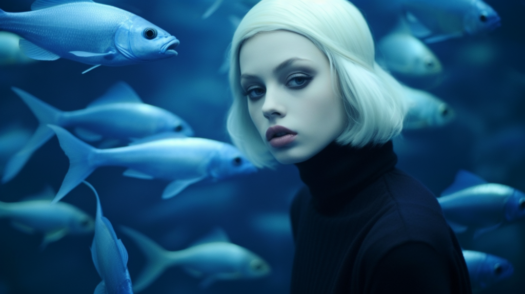In the image, there is a woman with white hair wearing a black turtleneck. She is standing in front of an aquarium filled with various fish. The woman''s face is visible and she appears to be looking at one of the fish in the tank. The fish in the background are of different colors, including blue. The woman is the main focus of the image, with the fish providing a colorful and dynamic backdrop. The woman''s age is estimated to be around 21, and she is identified as female. The overall color scheme of the image includes shades of blue, white, and black.