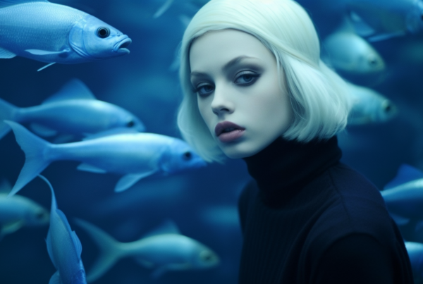 In the image, there is a woman with white hair wearing a black turtleneck. She is standing in front of an aquarium filled with various fish. The woman''s face is visible and she appears to be looking at one of the fish in the tank. The fish in the background are of different colors, including blue. The woman is the main focus of the image, with the fish providing a colorful and dynamic backdrop. The woman''s age is estimated to be around 21, and she is identified as female. The overall color scheme of the image includes shades of blue, white, and black.