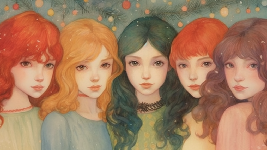 This painting depicts four girls with vibrant red hair. The first girl, located on the left side of the painting, has long red hair and is wearing a light-colored dress. The second girl, positioned in the middle, also has red hair and is wearing a dark-colored dress. The third girl, on the right side, has curly red hair and is wearing a white dress. The fourth girl, towards the top right corner, has a similar hairstyle to the third girl and is wearing a green dress. Each girl has a unique facial expression, adding personality to the portrait. Additionally, two of the girls are wearing necklaces, one gold and the other silver. The overall color palette of the painting includes earthy tones like brown, beige, and orange, with accents of green and red. The girls'' faces are the focal point of the painting, highlighting their features such as their eyes and hairstyles. The background of the painting is minimalistic, allowing the viewer to focus on the girls and their striking red hair.