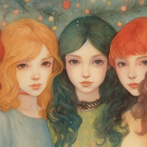 This painting depicts four girls with vibrant red hair. The first girl, located on the left side of the painting, has long red hair and is wearing a light-colored dress. The second girl, positioned in the middle, also has red hair and is wearing a dark-colored dress. The third girl, on the right side, has curly red hair and is wearing a white dress. The fourth girl, towards the top right corner, has a similar hairstyle to the third girl and is wearing a green dress. Each girl has a unique facial expression, adding personality to the portrait. Additionally, two of the girls are wearing necklaces, one gold and the other silver. The overall color palette of the painting includes earthy tones like brown, beige, and orange, with accents of green and red. The girls'' faces are the focal point of the painting, highlighting their features such as their eyes and hairstyles. The background of the painting is minimalistic, allowing the viewer to focus on the girls and their striking red hair.