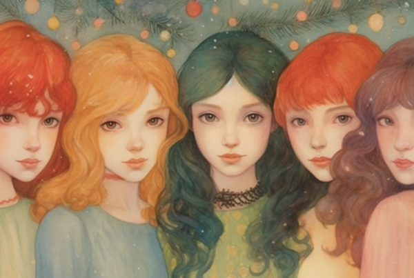 This painting depicts four girls with vibrant red hair. The first girl, located on the left side of the painting, has long red hair and is wearing a light-colored dress. The second girl, positioned in the middle, also has red hair and is wearing a dark-colored dress. The third girl, on the right side, has curly red hair and is wearing a white dress. The fourth girl, towards the top right corner, has a similar hairstyle to the third girl and is wearing a green dress. Each girl has a unique facial expression, adding personality to the portrait. Additionally, two of the girls are wearing necklaces, one gold and the other silver. The overall color palette of the painting includes earthy tones like brown, beige, and orange, with accents of green and red. The girls'' faces are the focal point of the painting, highlighting their features such as their eyes and hairstyles. The background of the painting is minimalistic, allowing the viewer to focus on the girls and their striking red hair.