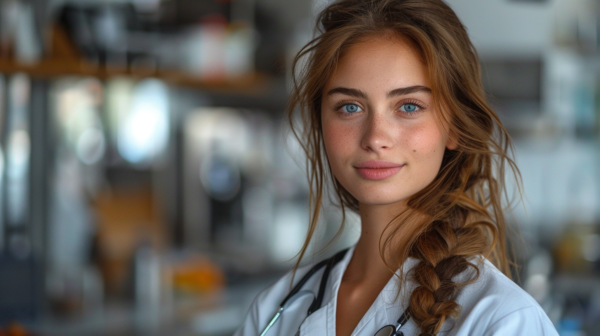 A female doctor in a white lab coat is standing confidently in a medical setting. She has brown hair and is wearing a stethoscope around her neck. The focus is on her face, which shows a few freckles. Her expression is calm and professional. The background is blurred, emphasizing her presence in the image. The woman appears to be in her mid-twenties and exudes a sense of expertise and authority. This image captures a moment of a dedicated healthcare professional ready to provide care and assistance.