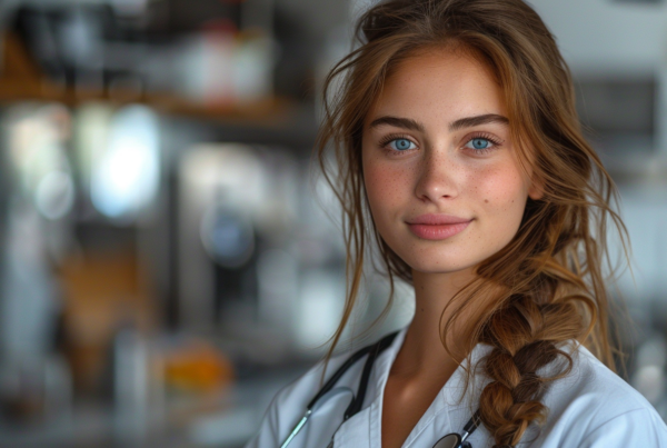 A female doctor in a white lab coat is standing confidently in a medical setting. She has brown hair and is wearing a stethoscope around her neck. The focus is on her face, which shows a few freckles. Her expression is calm and professional. The background is blurred, emphasizing her presence in the image. The woman appears to be in her mid-twenties and exudes a sense of expertise and authority. This image captures a moment of a dedicated healthcare professional ready to provide care and assistance.