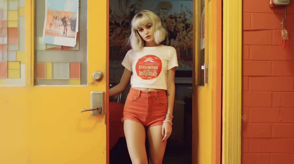 A woman with blonde hair is standing in a doorway of a building. She is wearing a white shirt and an orange skirt. In the background, there is a yellow door. The woman has on a red circle shirt with a red and white logo. She is also wearing bracelets and a ring on her wrists. The image also features a poster of a man in a military uniform holding a rifle. The woman appears confident and stylish, with a modern and trendy look. The scene conveys a sense of urban fashion and individuality.
