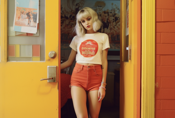 A woman with blonde hair is standing in a doorway of a building. She is wearing a white shirt and an orange skirt. In the background, there is a yellow door. The woman has on a red circle shirt with a red and white logo. She is also wearing bracelets and a ring on her wrists. The image also features a poster of a man in a military uniform holding a rifle. The woman appears confident and stylish, with a modern and trendy look. The scene conveys a sense of urban fashion and individuality.