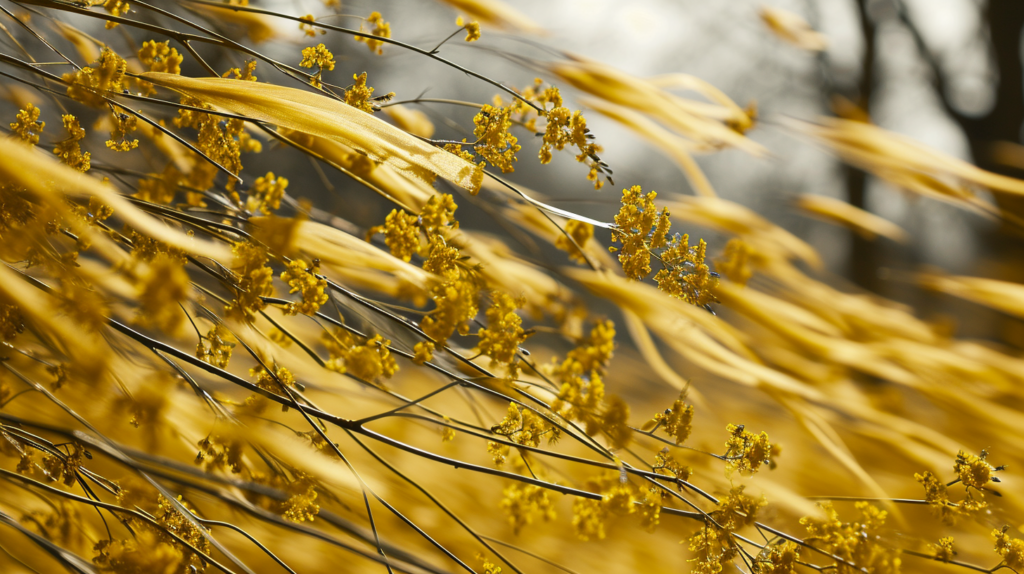 A bunch of yellow flowers can be seen blooming on a tree branch in this vibrant image. The flowers are a bright golden color, standing out against the green leaves of the tree. The scene exudes a sense of warmth and tranquility. The flowers appear to be swaying gently in the wind, adding movement to the otherwise still image. The composition focuses on the beauty of nature, highlighting the delicate petals and intricate details of the flowers. The background is blurred, drawing the viewer''s attention to the main subject - the yellow flowers on the tree branch.