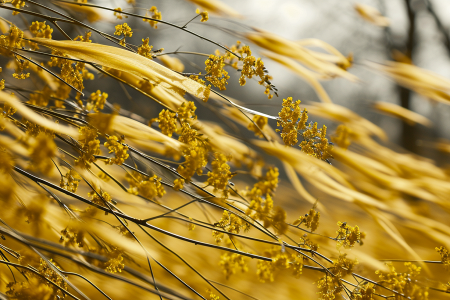 A bunch of yellow flowers can be seen blooming on a tree branch in this vibrant image. The flowers are a bright golden color, standing out against the green leaves of the tree. The scene exudes a sense of warmth and tranquility. The flowers appear to be swaying gently in the wind, adding movement to the otherwise still image. The composition focuses on the beauty of nature, highlighting the delicate petals and intricate details of the flowers. The background is blurred, drawing the viewer''s attention to the main subject - the yellow flowers on the tree branch.