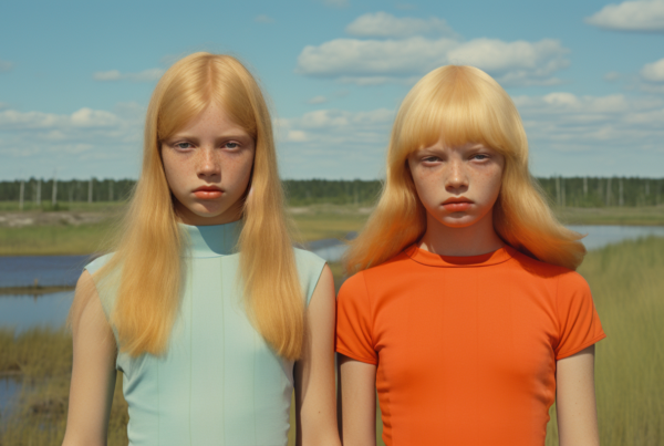 In the image, there are two young girls standing next to each other. The first girl is a woman with blonde hair wearing a bright orange shirt. She is approximately 20 years old and her face shows freckles. The second girl is a 7-year-old female with long blonde hair and a blue dress. Both girls have fair skin and are standing outdoors near a lake. The older girl has a confident pose while the younger girl looks playful. The background consists of natural colors like green and blue. The overall atmosphere of the image is cheerful and relaxed.