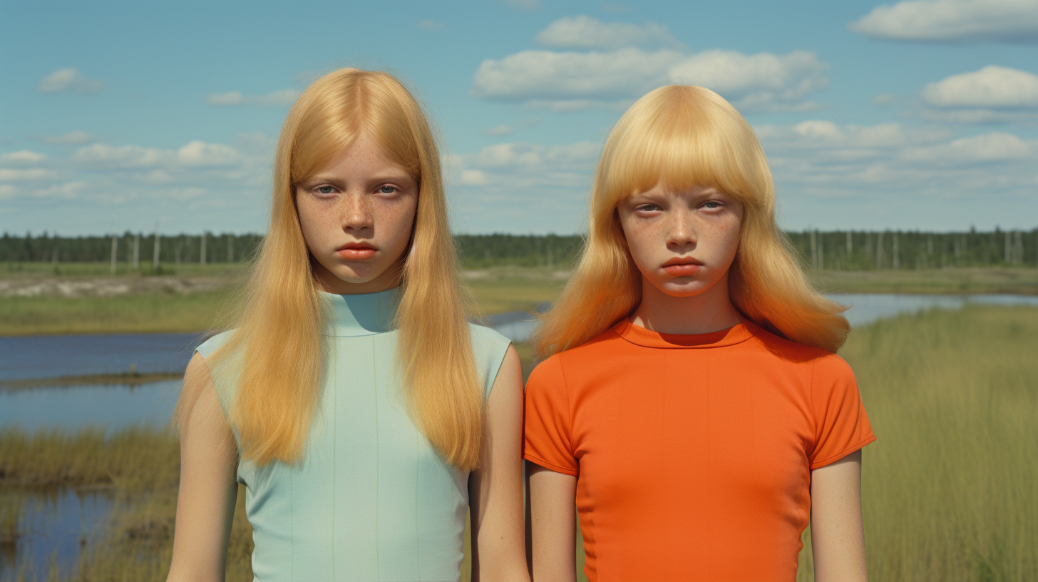 In the image, there are two young girls standing next to each other. The first girl is a woman with blonde hair wearing a bright orange shirt. She is approximately 20 years old and her face shows freckles. The second girl is a 7-year-old female with long blonde hair and a blue dress. Both girls have fair skin and are standing outdoors near a lake. The older girl has a confident pose while the younger girl looks playful. The background consists of natural colors like green and blue. The overall atmosphere of the image is cheerful and relaxed.