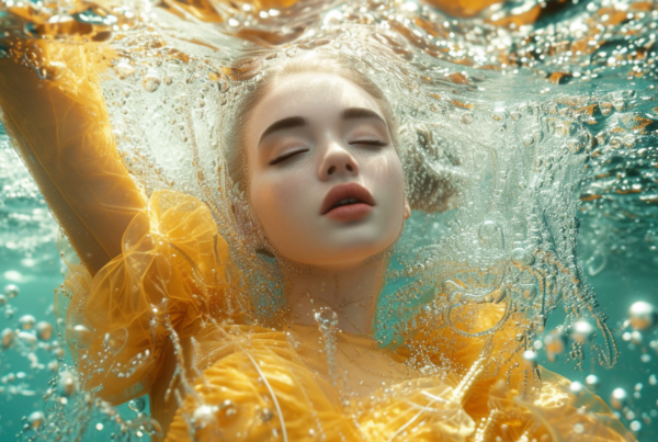 A young woman is seen submerged in water, wearing a vibrant yellow dress that billows around her. The image captures her peacefully floating in a pool, with her eyes closed and a serene expression on her face. The water around her is crystal clear, creating a tranquil and dreamy atmosphere. The woman appears to be gracefully suspended in the water, creating a striking visual contrast with the golden hue of her dress against the cool blue tones of the pool. The scene evokes a sense of relaxation and beauty, drawing the viewer into a moment of calm contemplation.