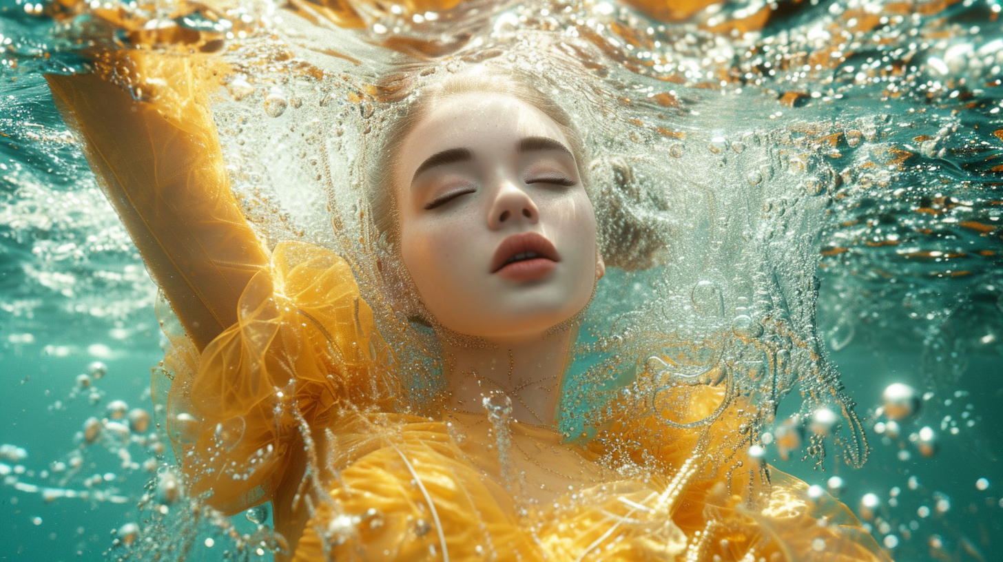 A young woman is seen submerged in water, wearing a vibrant yellow dress that billows around her. The image captures her peacefully floating in a pool, with her eyes closed and a serene expression on her face. The water around her is crystal clear, creating a tranquil and dreamy atmosphere. The woman appears to be gracefully suspended in the water, creating a striking visual contrast with the golden hue of her dress against the cool blue tones of the pool. The scene evokes a sense of relaxation and beauty, drawing the viewer into a moment of calm contemplation.
