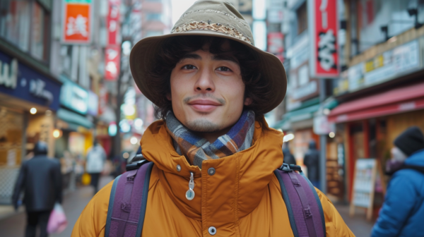 In the image, we see a man walking down a crowded street wearing a hat and a jacket. The man''s face is visible, and he appears to be in his late 20s. He has a distinct style, with a purple sun hat on his head. The man is also carrying a handbag/satchel. Surrounding him are various other people, some also wearing hats. The scene is set in a city environment, with buildings and a road visible in the background. The colors in the image are predominantly earth tones, with shades of brown, gray, and blue. The overall atmosphere is bustling and urban.