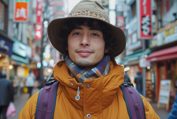 In the image, we see a man walking down a crowded street wearing a hat and a jacket. The man''s face is visible, and he appears to be in his late 20s. He has a distinct style, with a purple sun hat on his head. The man is also carrying a handbag/satchel. Surrounding him are various other people, some also wearing hats. The scene is set in a city environment, with buildings and a road visible in the background. The colors in the image are predominantly earth tones, with shades of brown, gray, and blue. The overall atmosphere is bustling and urban.