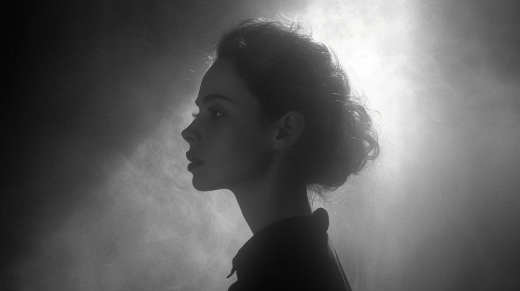 In the black and white photo, a woman with a very long hair is depicted wearing a black shirt and a black tie. She has a serious expression on her face and is standing against a dark background. The image focuses on the woman''s upper body, highlighting her black attire. The woman is the main subject of the photo, with her dark clothing contrasting against the light background. She exudes a sense of sophistication and elegance with her outfit choice. The photo captures her in a moment of contemplation or deep thought, adding a mysterious and intriguing element to the image.