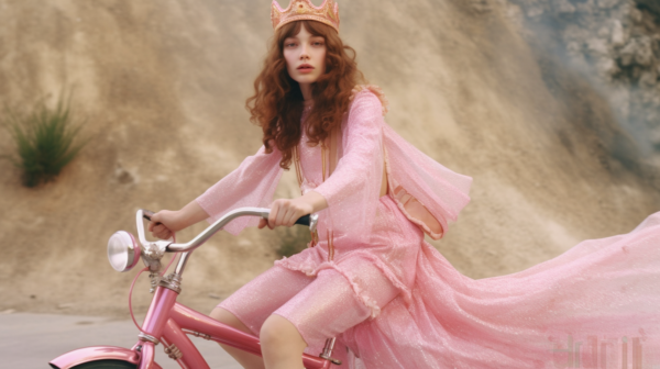 A young woman, approximately 22 years old, is elegantly dressed in a pink dress and a crown on her head. She is confidently riding a pink bicycle in this charming scene. The woman''s outfit complements the pink bike, creating a visually pleasing image. She is the central focus of the picture, with the hat she is wearing adding a stylish touch to her ensemble. The overall color palette consists of soft pinks and browns, giving the image a warm and inviting feel. This picture exudes a sense of grace and femininity, with a hint of royalty from the crown.