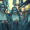 Three women dressed in nun costumes are depicted in the image. One of the women is wearing a blue dress and white headdress, while the other two are in white dresses. All three women are holding smartphones in their hands. The women appear to be in a city street setting. One of the women has face paint that resembles blood on her face. The image showcases a mix of religious attire and modern technology, as the women in traditional nun outfits engage with cell phones. The scene is colorful, with a contrast between the women''s attire and the urban background.
