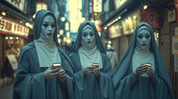 Three women dressed in nun costumes are depicted in the image. One of the women is wearing a blue dress and white headdress, while the other two are in white dresses. All three women are holding smartphones in their hands. The women appear to be in a city street setting. One of the women has face paint that resembles blood on her face. The image showcases a mix of religious attire and modern technology, as the women in traditional nun outfits engage with cell phones. The scene is colorful, with a contrast between the women''s attire and the urban background.