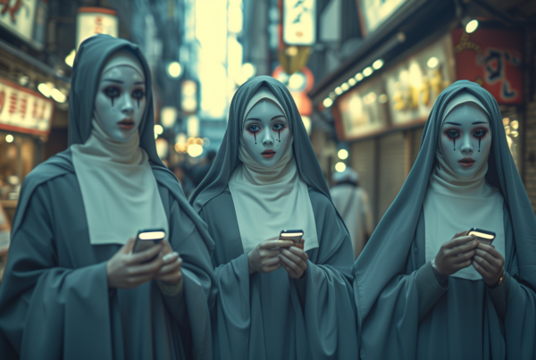 Three women dressed in nun costumes are depicted in the image. One of the women is wearing a blue dress and white headdress, while the other two are in white dresses. All three women are holding smartphones in their hands. The women appear to be in a city street setting. One of the women has face paint that resembles blood on her face. The image showcases a mix of religious attire and modern technology, as the women in traditional nun outfits engage with cell phones. The scene is colorful, with a contrast between the women''s attire and the urban background.