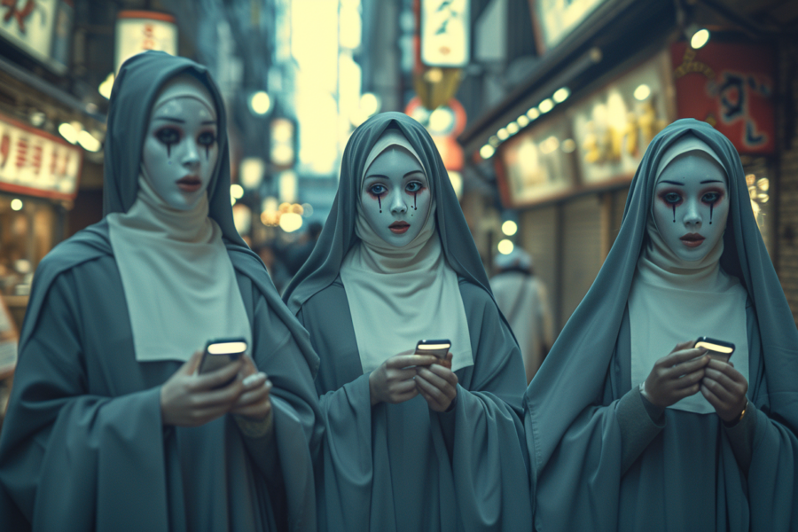Three women dressed in nun costumes are depicted in the image. One of the women is wearing a blue dress and white headdress, while the other two are in white dresses. All three women are holding smartphones in their hands. The women appear to be in a city street setting. One of the women has face paint that resembles blood on her face. The image showcases a mix of religious attire and modern technology, as the women in traditional nun outfits engage with cell phones. The scene is colorful, with a contrast between the women''s attire and the urban background.