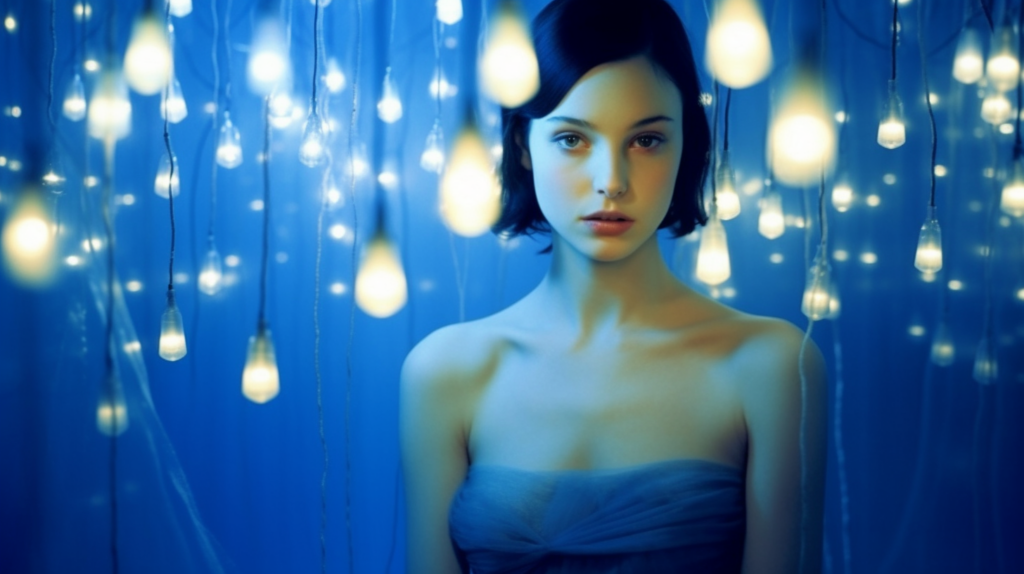 In the image, a young woman is captured standing in front of a mesmerizing curtain of twinkling lights. She is wearing a stunning blue dress that complements the ethereal glow of the lights. The background is bathed in shades of blue, creating a dreamy and enchanting atmosphere. The woman appears elegant and poised, exuding a sense of grace and beauty. The lights add a magical touch to the scene, enhancing the overall aesthetic. The composition is captivating and evokes a sense of wonder and charm. It''s a captivating moment frozen in time, where beauty and light intertwine in a harmonious dance.