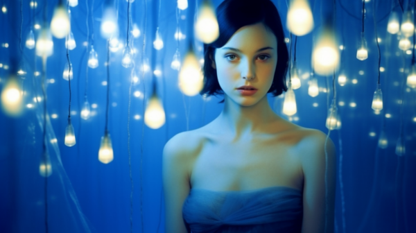 In the image, a young woman is captured standing in front of a mesmerizing curtain of twinkling lights. She is wearing a stunning blue dress that complements the ethereal glow of the lights. The background is bathed in shades of blue, creating a dreamy and enchanting atmosphere. The woman appears elegant and poised, exuding a sense of grace and beauty. The lights add a magical touch to the scene, enhancing the overall aesthetic. The composition is captivating and evokes a sense of wonder and charm. It''s a captivating moment frozen in time, where beauty and light intertwine in a harmonious dance.