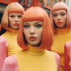 In this image, we see a group of mannequins with vibrant orange hair and pink wigs. The mannequins are styled in various outfits, showcasing different styles and looks. The mannequins are placed in a store window, attracting attention with their bold and eye-catching appearance. Each mannequin has a unique pose and expression, adding personality to the display. The mannequins with their colorful hair and wigs create a visually striking scene, giving off a fun and playful vibe. The bright colors and intricate details of the mannequins make them stand out in the window display.