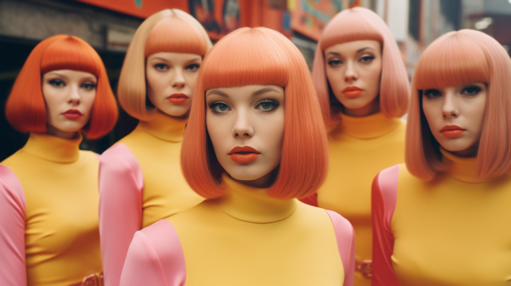 In this image, we see a group of mannequins with vibrant orange hair and pink wigs. The mannequins are styled in various outfits, showcasing different styles and looks. The mannequins are placed in a store window, attracting attention with their bold and eye-catching appearance. Each mannequin has a unique pose and expression, adding personality to the display. The mannequins with their colorful hair and wigs create a visually striking scene, giving off a fun and playful vibe. The bright colors and intricate details of the mannequins make them stand out in the window display.