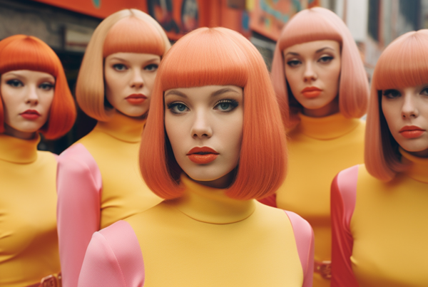 In this image, we see a group of mannequins with vibrant orange hair and pink wigs. The mannequins are styled in various outfits, showcasing different styles and looks. The mannequins are placed in a store window, attracting attention with their bold and eye-catching appearance. Each mannequin has a unique pose and expression, adding personality to the display. The mannequins with their colorful hair and wigs create a visually striking scene, giving off a fun and playful vibe. The bright colors and intricate details of the mannequins make them stand out in the window display.