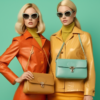 In this image, we see two women dressed in stylish leather jackets and sunglasses posing for a picture. Both women are holding trendy handbags, one in a tan color with a metal clasp and the other in a different style. The women have a confident and fashionable demeanor as they strike a pose. The background is not visible, allowing the focus to solely be on the women and their fashion choices. The colors in the image are warm and earthy tones, adding to the overall chic vibe of the scene. The women exude a sense of modernity and sophistication, making them the perfect subjects for a fashion-focused caption dataset.