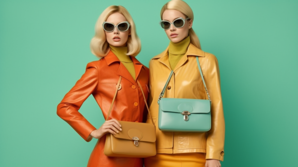In this image, we see two women dressed in stylish leather jackets and sunglasses posing for a picture. Both women are holding trendy handbags, one in a tan color with a metal clasp and the other in a different style. The women have a confident and fashionable demeanor as they strike a pose. The background is not visible, allowing the focus to solely be on the women and their fashion choices. The colors in the image are warm and earthy tones, adding to the overall chic vibe of the scene. The women exude a sense of modernity and sophistication, making them the perfect subjects for a fashion-focused caption dataset.
