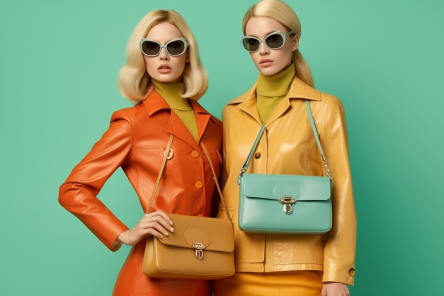 In this image, we see two women dressed in stylish leather jackets and sunglasses posing for a picture. Both women are holding trendy handbags, one in a tan color with a metal clasp and the other in a different style. The women have a confident and fashionable demeanor as they strike a pose. The background is not visible, allowing the focus to solely be on the women and their fashion choices. The colors in the image are warm and earthy tones, adding to the overall chic vibe of the scene. The women exude a sense of modernity and sophistication, making them the perfect subjects for a fashion-focused caption dataset.