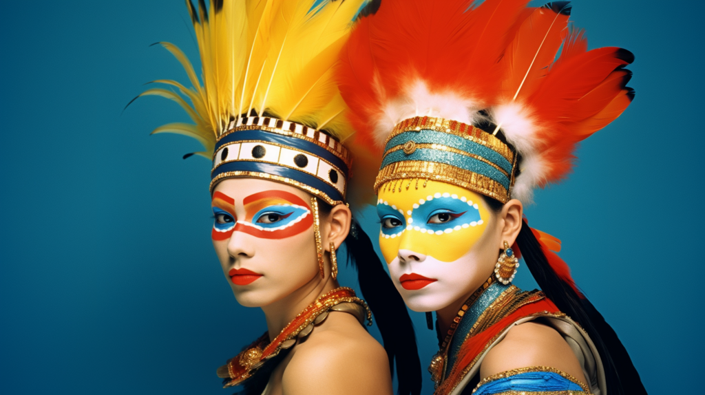 Two women are featured in this image, both adorned in vibrant makeup and elaborate feather headdresses. One woman is wearing a gold necklace and has striking red lipstick. The women''s faces are beautifully painted in shades of blue, red, and gold. Their outfits suggest they are dressed in costumes, possibly for a festival or celebration. The women exude confidence and style, with one of them showing off a feather on her head. The overall scene is colorful and lively, capturing the essence of a festive and spirited occasion.