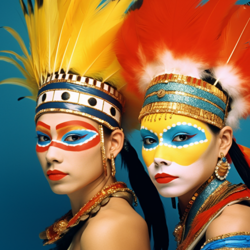 Two women are featured in this image, both adorned in vibrant makeup and elaborate feather headdresses. One woman is wearing a gold necklace and has striking red lipstick. The women''s faces are beautifully painted in shades of blue, red, and gold. Their outfits suggest they are dressed in costumes, possibly for a festival or celebration. The women exude confidence and style, with one of them showing off a feather on her head. The overall scene is colorful and lively, capturing the essence of a festive and spirited occasion.