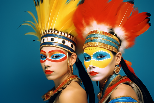 Two women are featured in this image, both adorned in vibrant makeup and elaborate feather headdresses. One woman is wearing a gold necklace and has striking red lipstick. The women''s faces are beautifully painted in shades of blue, red, and gold. Their outfits suggest they are dressed in costumes, possibly for a festival or celebration. The women exude confidence and style, with one of them showing off a feather on her head. The overall scene is colorful and lively, capturing the essence of a festive and spirited occasion.