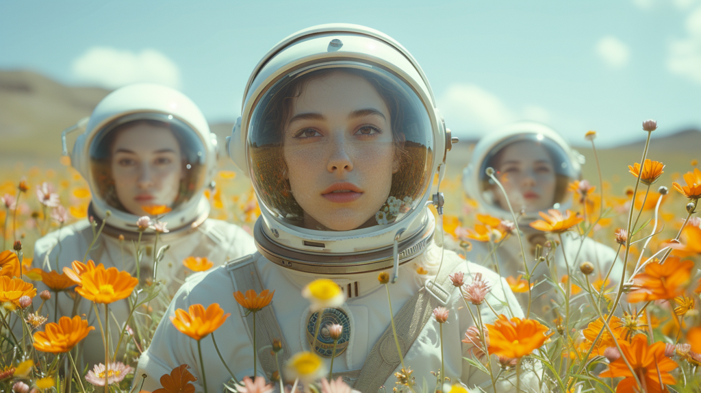 A group of women in space suits are standing in a beautiful field of flowers. One woman is holding a flower in her hand. The women are wearing helmets and the scene is peaceful and serene. The colors in the image are primarily earthy tones like brown, green, and yellow. The women seem to be exploring or perhaps admiring the flowers in this surreal setting. The image captures a sense of wonder and beauty in the juxtaposition of the futuristic space suits against the natural beauty of the flowers.