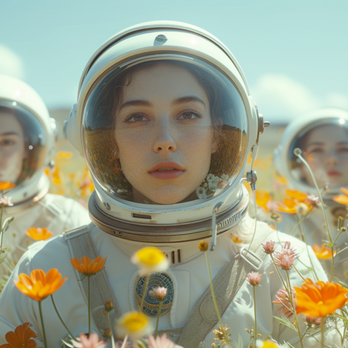 A group of women in space suits are standing in a beautiful field of flowers. One woman is holding a flower in her hand. The women are wearing helmets and the scene is peaceful and serene. The colors in the image are primarily earthy tones like brown, green, and yellow. The women seem to be exploring or perhaps admiring the flowers in this surreal setting. The image captures a sense of wonder and beauty in the juxtaposition of the futuristic space suits against the natural beauty of the flowers.