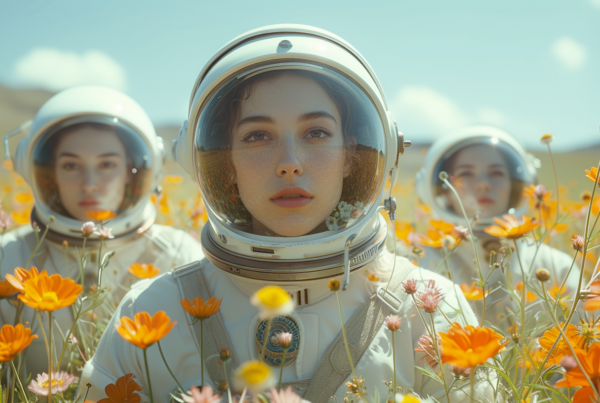 A group of women in space suits are standing in a beautiful field of flowers. One woman is holding a flower in her hand. The women are wearing helmets and the scene is peaceful and serene. The colors in the image are primarily earthy tones like brown, green, and yellow. The women seem to be exploring or perhaps admiring the flowers in this surreal setting. The image captures a sense of wonder and beauty in the juxtaposition of the futuristic space suits against the natural beauty of the flowers.