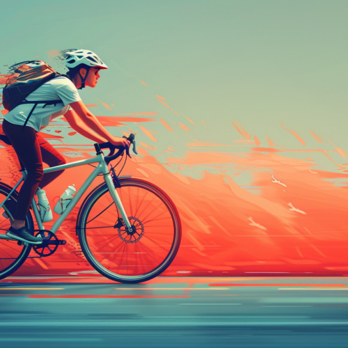 A woman wearing a helmet is riding a bicycle down a city street. She is wearing a backpack and a pair of sneakers. The bicycle is red in color and there is a bottle attached to it. The woman is wearing glasses and appears to be enjoying her ride. The scene is captured on a sunny day with clear skies. The background shows buildings and a wall painted in red. The woman''s outfit and accessories suggest she is prepared for a casual ride around the city.