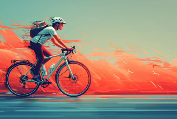 A woman wearing a helmet is riding a bicycle down a city street. She is wearing a backpack and a pair of sneakers. The bicycle is red in color and there is a bottle attached to it. The woman is wearing glasses and appears to be enjoying her ride. The scene is captured on a sunny day with clear skies. The background shows buildings and a wall painted in red. The woman''s outfit and accessories suggest she is prepared for a casual ride around the city.