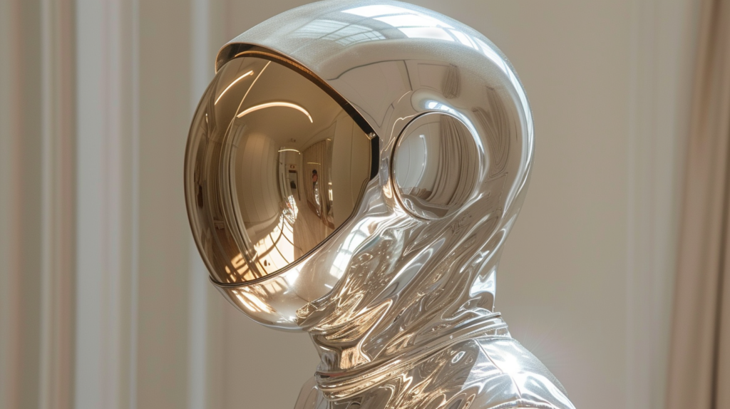 A shiny silver astronaut statue is depicted in this image, featuring a reflective mirror surface. The astronaut statue is adorned with a shiny gold helmet, creating a striking contrast with the silver body. The statue appears to be standing tall and proud, with intricate details on the helmet and suit. The mirror reflects the image of the astronaut, creating a visually captivating scene. The background is minimalistic, allowing the focus to be on the astronaut statue and its reflection in the mirror. The overall composition exudes a sense of wonder and admiration for space exploration.