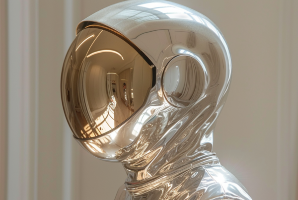 A shiny silver astronaut statue is depicted in this image, featuring a reflective mirror surface. The astronaut statue is adorned with a shiny gold helmet, creating a striking contrast with the silver body. The statue appears to be standing tall and proud, with intricate details on the helmet and suit. The mirror reflects the image of the astronaut, creating a visually captivating scene. The background is minimalistic, allowing the focus to be on the astronaut statue and its reflection in the mirror. The overall composition exudes a sense of wonder and admiration for space exploration.