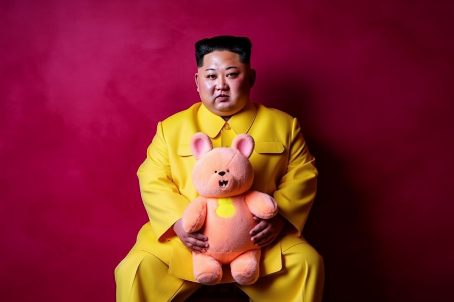 A man with a red shirt and a yellow suit is standing in the center of the image, holding a teddy bear in his hands. The man appears to be around 33 years old and is smiling. The teddy bear is pink and looks very soft and cuddly. The man is wearing a red shirt underneath his yellow suit, with a red tie completing his outfit. The background is blurred, focusing the attention on the man and the teddy bear. The colors in the image are vibrant, with shades of red, yellow, and pink standing out. The overall scene is warm and inviting, evoking feelings of comfort and joy.