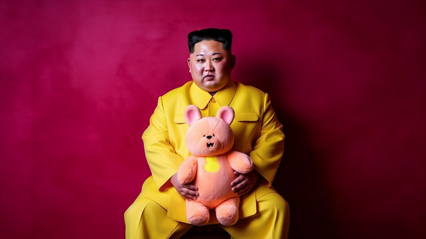 A man with a red shirt and a yellow suit is standing in the center of the image, holding a teddy bear in his hands. The man appears to be around 33 years old and is smiling. The teddy bear is pink and looks very soft and cuddly. The man is wearing a red shirt underneath his yellow suit, with a red tie completing his outfit. The background is blurred, focusing the attention on the man and the teddy bear. The colors in the image are vibrant, with shades of red, yellow, and pink standing out. The overall scene is warm and inviting, evoking feelings of comfort and joy.