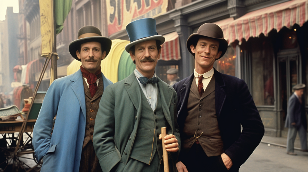 Three elegantly dressed men are standing next to each other in this vintage scene. Each man is wearing a tailored suit with tails, and a distinctive hat - one man with a top hat and cane, another with a bow tie, and the third with a mustache. The men exude sophistication and style as they pose together. The background features an awning and a pole, adding to the old-fashioned charm of the setting. The men appear to be in the midst of a leisurely stroll, showcasing a bygone era of fashion and class.