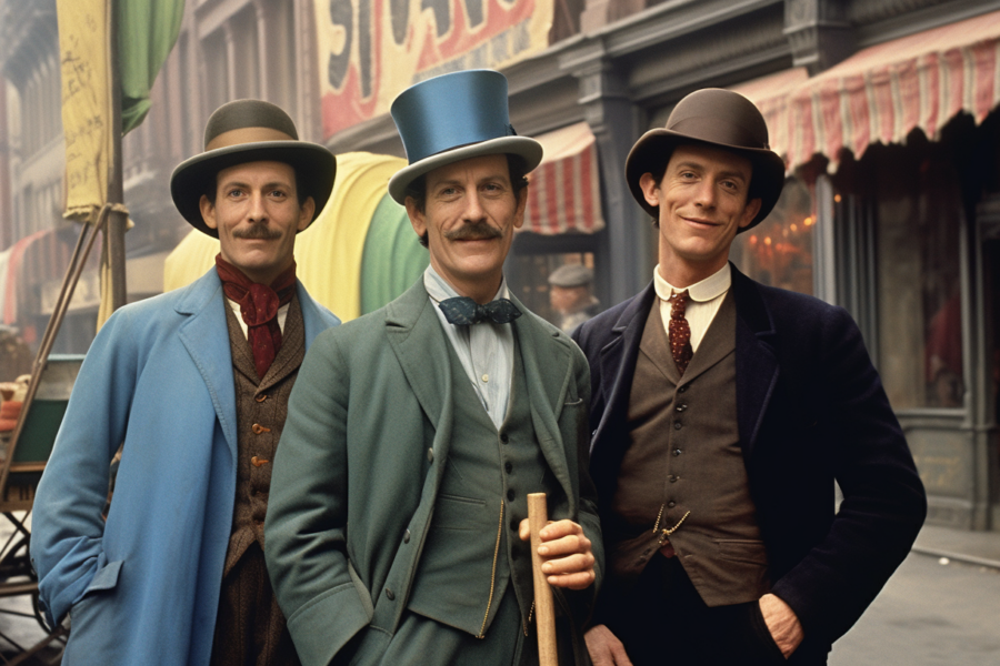 Three elegantly dressed men are standing next to each other in this vintage scene. Each man is wearing a tailored suit with tails, and a distinctive hat - one man with a top hat and cane, another with a bow tie, and the third with a mustache. The men exude sophistication and style as they pose together. The background features an awning and a pole, adding to the old-fashioned charm of the setting. The men appear to be in the midst of a leisurely stroll, showcasing a bygone era of fashion and class.