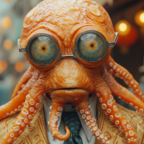 A man in a formal suit and tie is depicted with an unusual and surreal octopus head. The image shows the man standing with a confident posture, wearing a white hat and red tie. The octopus head has large, expressive eyes and tentacles that drape down over the man''s shoulders. The overall color scheme is earthy and warm, with tones of brown and orange dominating the scene. The man''s expression is not visible due to the octopus head, but his body language suggests a sense of professionalism. The image is unique and intriguing, blending elements of human and sea creature anatomy.