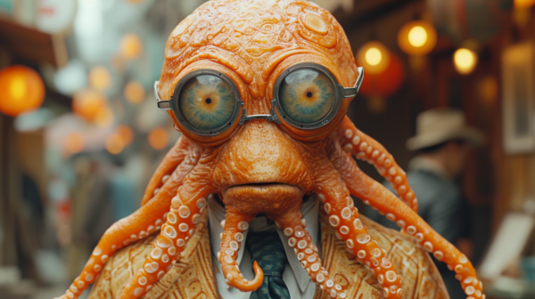 A man in a formal suit and tie is depicted with an unusual and surreal octopus head. The image shows the man standing with a confident posture, wearing a white hat and red tie. The octopus head has large, expressive eyes and tentacles that drape down over the man''s shoulders. The overall color scheme is earthy and warm, with tones of brown and orange dominating the scene. The man''s expression is not visible due to the octopus head, but his body language suggests a sense of professionalism. The image is unique and intriguing, blending elements of human and sea creature anatomy.