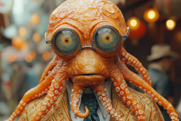 A man in a formal suit and tie is depicted with an unusual and surreal octopus head. The image shows the man standing with a confident posture, wearing a white hat and red tie. The octopus head has large, expressive eyes and tentacles that drape down over the man''s shoulders. The overall color scheme is earthy and warm, with tones of brown and orange dominating the scene. The man''s expression is not visible due to the octopus head, but his body language suggests a sense of professionalism. The image is unique and intriguing, blending elements of human and sea creature anatomy.